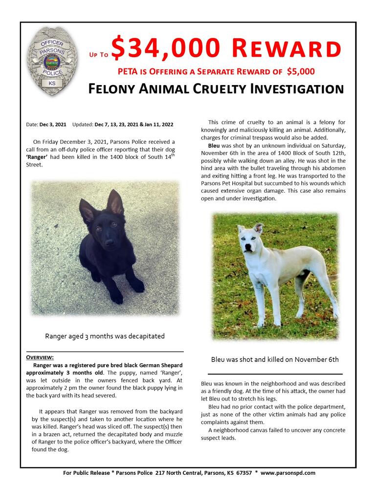 Reward Increased on Animal Cruelty Cases - Parsons Police Department